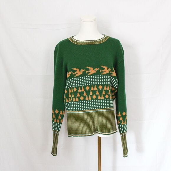 Vtg Women's Lamplighter Green and Gold Long Sleeve Crewneck Duck Sweater - Small - Picture 1 of 5